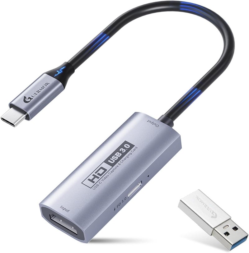 Guermok 4K USB3.0 Video Capture Card with PD 100W, 2K@30FPS or 1080P@60FPS HDMI to USB-A/C Capture Card for Streaming, Works with iPad Quest 3, MacOS, Switch2/1 PS5/4, Xbox, Camera, Silver - Image 1